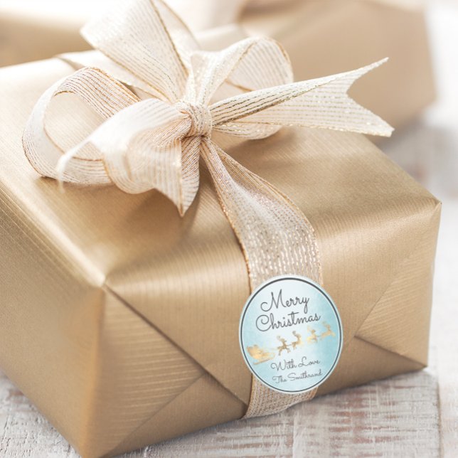 Merry Christmas Blue Gold Santa Reindeer Sleight  Classic Round Sticker (Merry Christmas Blue Gold Santa Reindeer Sleight Classic Round Sticker)