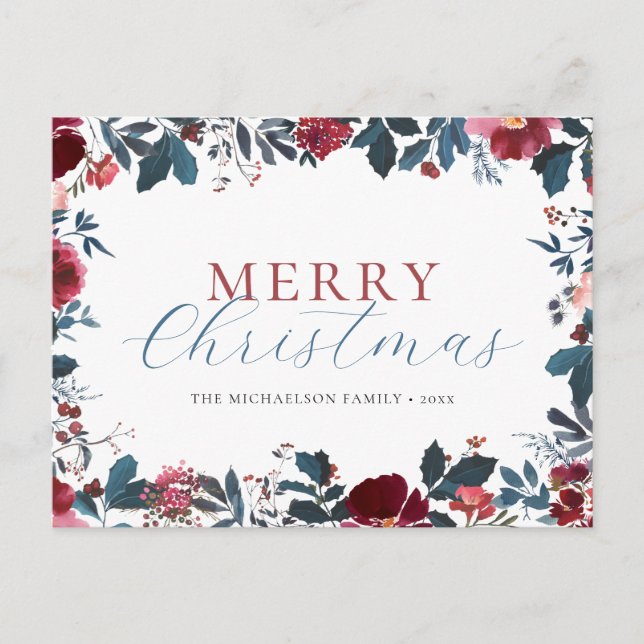 Merry Christmas Blue Green Holly Holiday Postcard (Front)