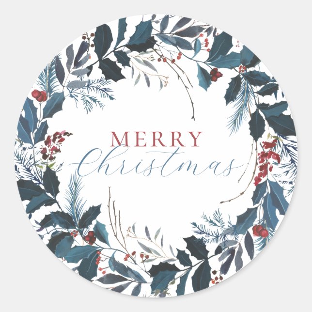 Merry Christmas Blue Green Holly Watercolor Classic Round Sticker (Front)