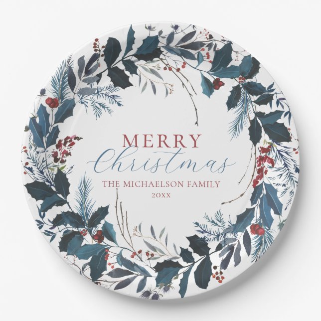 Merry Christmas Blue Green Holly Watercolor Paper Plate (Front)