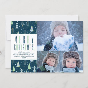 MERRY CHRISTMAS Blue Green Trees 3 Photos Holiday Card