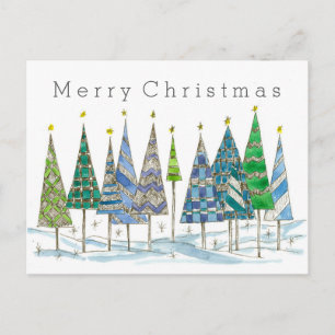 Merry Christmas Blue Holiday Trees Drawing Postcard