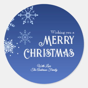 Merry Christmas Blue Modern Snowflake Classic Round Sticker