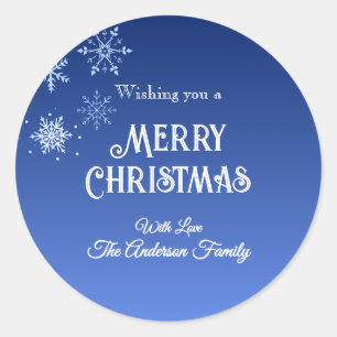 Merry Christmas Blue Modern Snowflake Classic Round Sticker