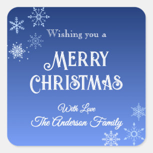 Merry Christmas Blue Modern Snowflake Square Sticker
