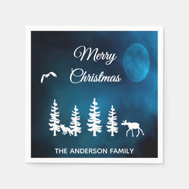 Merry Christmas blue night moon forest forest Napkin (Front)