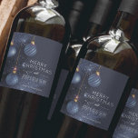 Merry Christmas Blue Ornaments Holiday Wine Label<br><div class="desc">Beautiful blue ornaments on blue Christmas tree branches and your holiday Christmas greeting in chic lettering,  personalise these wine bottle labels to serve at your holiday party or to give as gifts or party favours for business gifts,  corporate gifts.</div>