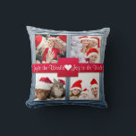 Merry Christmas Blue Photo Collage | Custom Cushion<br><div class="desc">Simply precious holiday photo greeting card pillow features a realistic photo frame overlay that you customise with your own special family photos or the photos of your choice. The stripe textured holiday ribbon features the ability to to write "Merry Christmas" in a modern beautiful script, or to write a note...</div>