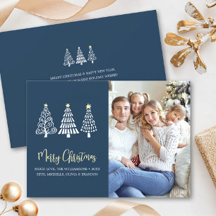 Merry Christmas Blue Photo Trees Script Whimsical Holiday Card