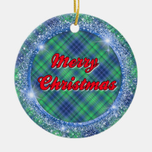 Merry Christmas Blue Plaid Faux Glitter Frame Ceramic Tree Decoration