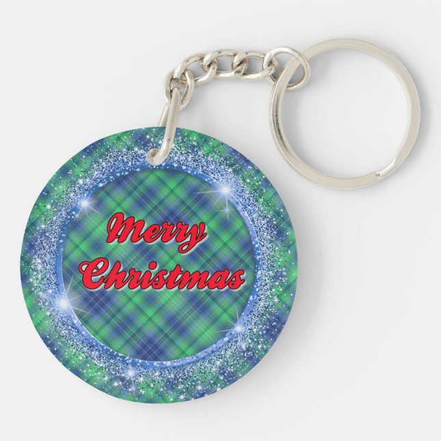 Merry Christmas Blue Plaid Faux Glitter Frame Key Ring (Back)