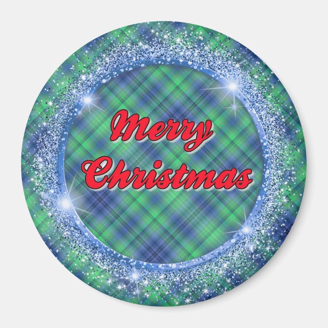 Merry Christmas Blue Plaid Faux Glitter Frame Magn Magnet (Front)