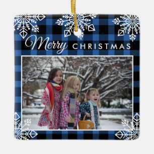 Merry Christmas Blue Plaid Snowflakes 2 Photo Ceramic Ornament