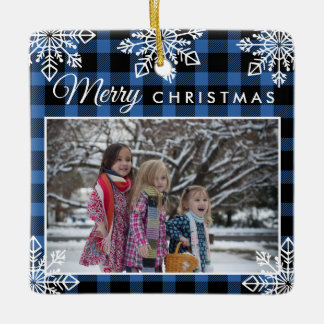 Merry Christmas Blue Plaid Snowflakes 2 Photo Ceramic Ornament