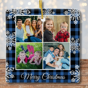 Merry Christmas Blue Plaid Snowflakes 4 Photo Ceramic Ornament