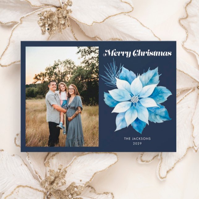 Merry Christmas Blue Poinsettia Holiday Card (Creator Uploaded)