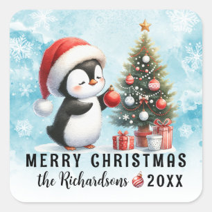 Merry Christmas Blue Red Cute Penguin Family Square Sticker