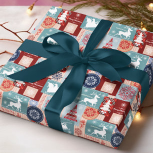 Merry Christmas Blue Red Tartan Patchwork Wrapping Paper