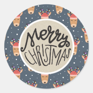 Merry Christmas Blue Reindeer Rustic Holiday Favou Classic Round Sticker