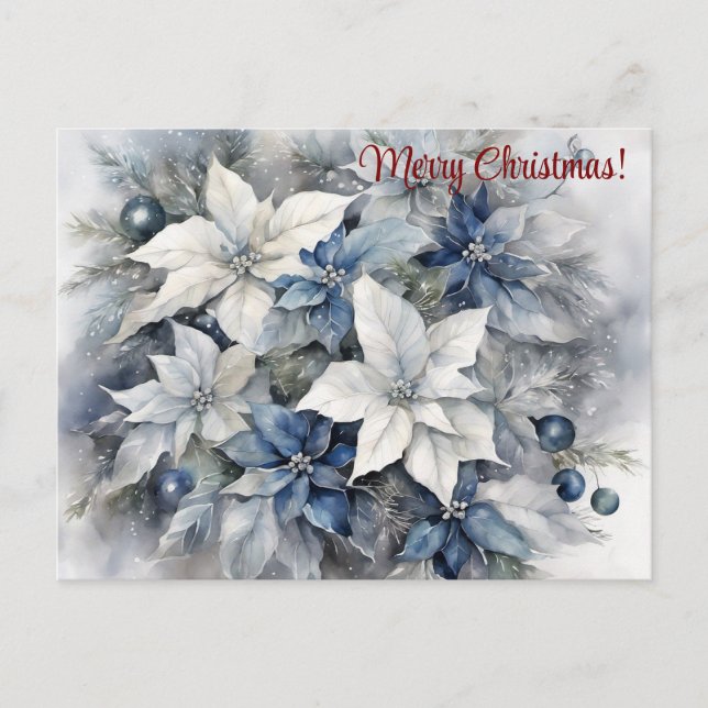 Merry Christmas Blue Silver Poinsettia Postcard (Front)