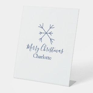 Merry Christmas blue snowflakes add name holidays Pedestal Sign