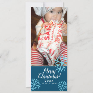 Merry Christmas Blue SnowFlakes Baby Photo Holiday Card