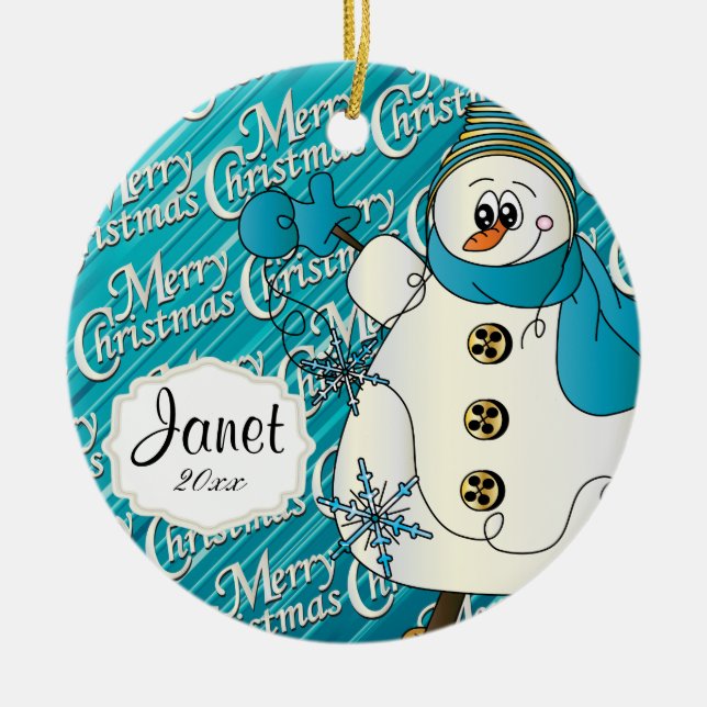 Merry Christmas Blue Snowman Ceramic Tree Decoration (Front)