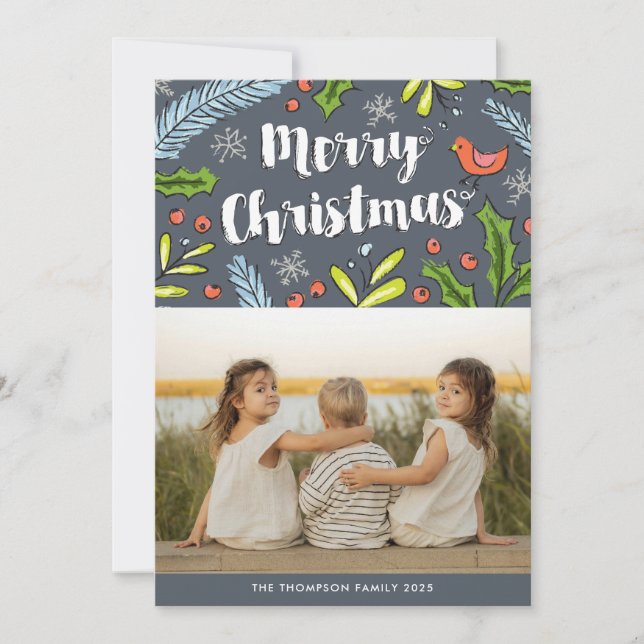 Merry Christmas Blue Spruce Photo Holiday Card (Front)