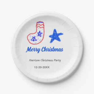 Merry Christmas blue star red stockings name date  Paper Plate