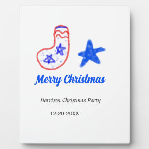 Merry Christmas blue star red stockings name date Plaque