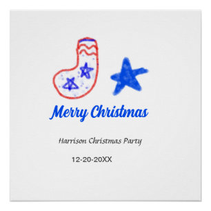 Merry Christmas blue star red stockings name date Poster