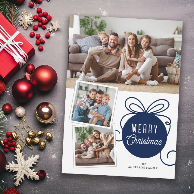 Merry Christmas Blue Tree Ornament 3 Photos Holiday Card (Creator Uploaded)