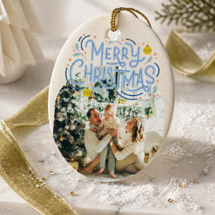 Merry Christmas Blue Typography Arched Photo Ceramic Tree Decoration