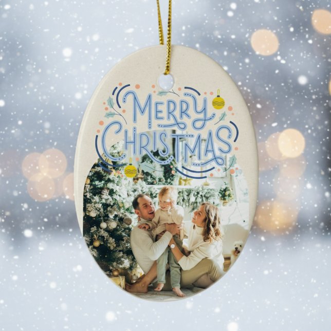 Merry Christmas Blue Typography Arched Photo  Ceramic Tree Decoration (Send cheer with this bold and playful holiday ornament!)