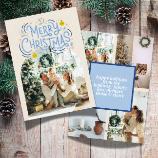 Merry Christmas Blue Typography Arched Photo Holiday Card