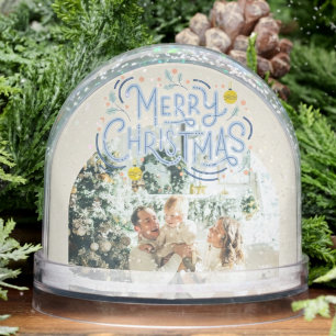 Merry Christmas Blue Typography Arched Photo Snowglobe