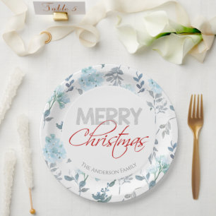Merry Christmas   Blue Watercolor Floral Paper Plate