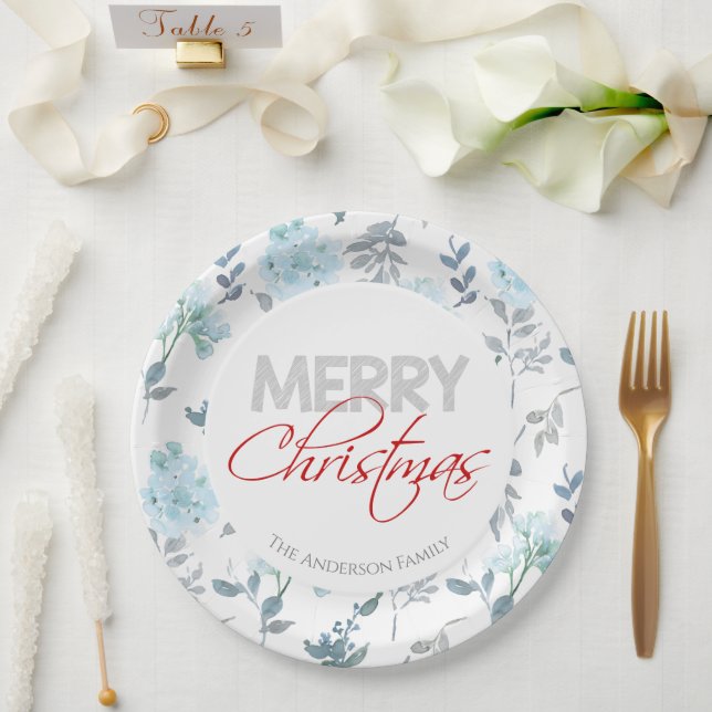 Merry Christmas | Blue Watercolor Floral Paper Plate (Wedding)