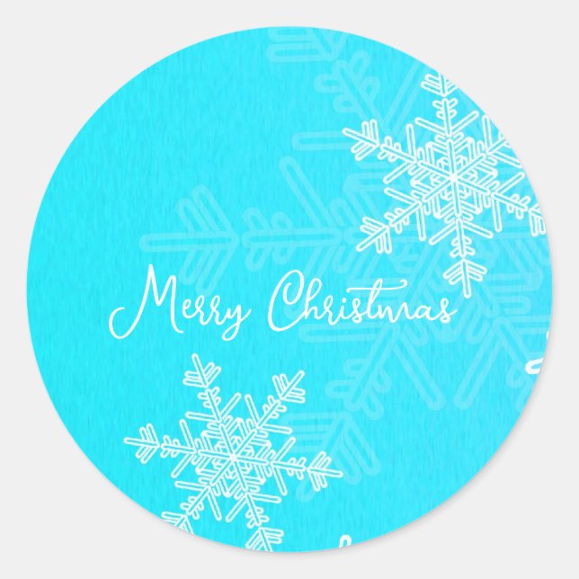 Merry Christmas Blue White Snowflake Minimalist  Classic Round Sticker (Front)