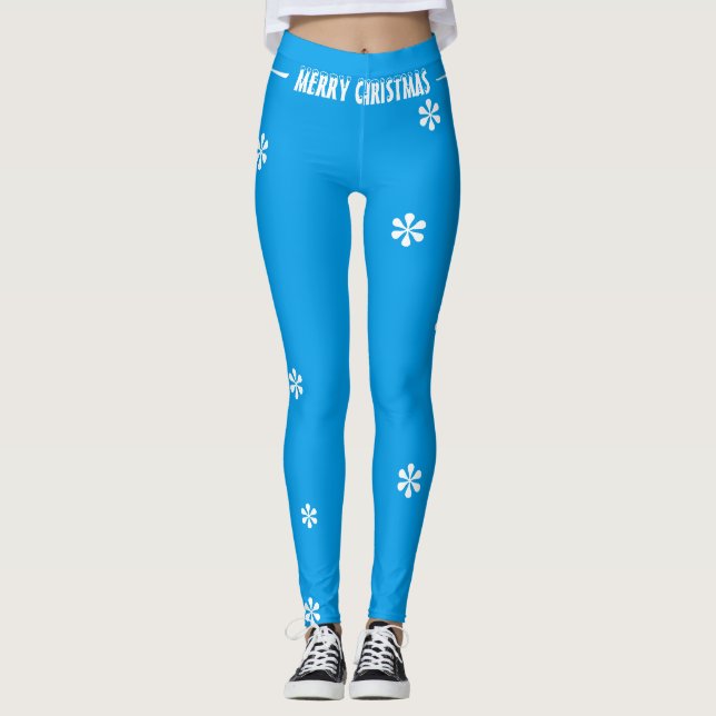 Merry Christmas Blue White Snowflakes Leggings (Front)