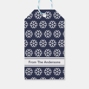Merry Christmas Blue White Snowflakes Name Text Gift Tags
