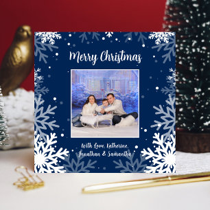 Merry Christmas Blue & White Snowflakes Photo  Holiday Card