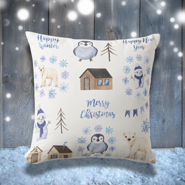 Merry Christmas Blue Winter Holiday Scene Cushion (Creator Uploaded)