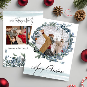 Merry Christmas Blue Wreath Frame Photo Holiday Card