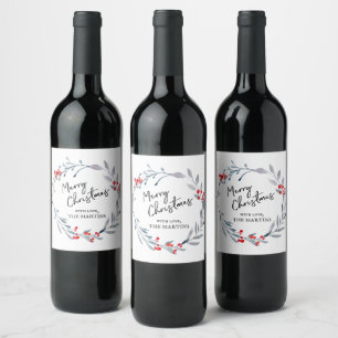 Merry Christmas blue wreath Wine Label