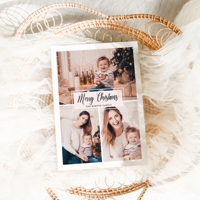 Merry Christmas Blush and White Photo Collage  Holiday Card (Creator Uploaded)