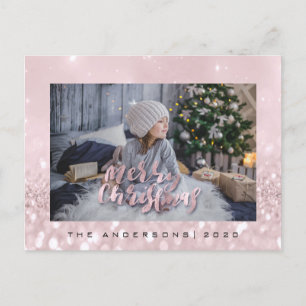 Merry Christmas Blush Gold Spark Photo Glitter Postcard