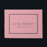 Merry Christmas blush pink family name Doormat<br><div class="desc">Elegant Merry Christmas Doormat with a dark grey script on a blush pink background. Personalise with your family name or text.</div>