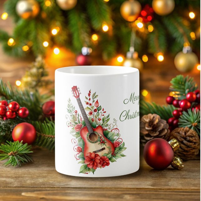 Merry Christmas Boho Guitar and Flowers Mug (Creator Uploaded)