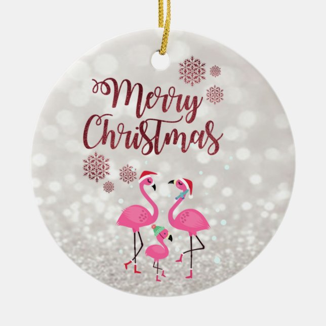 Merry Christmas,Bokeh,Flamingos Family Santa Hat Ceramic Tree Decoration (Front)